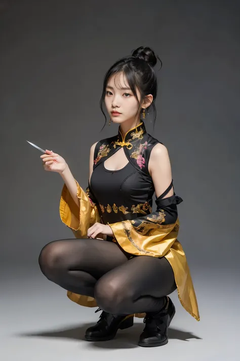 Smoky makeup:2，Black eyeshadow:2，Black lips:2,anatomical correct:2,solo,1sword xuer ai yazawa style girl,1 Girl,Solitary,Black Hair,Hair Bun,Chinese clothes,Keep,Keep weapon,twice as good,Bangs,blunt Bangs,One knee,looking at the audience,Jewelry,earrings,...