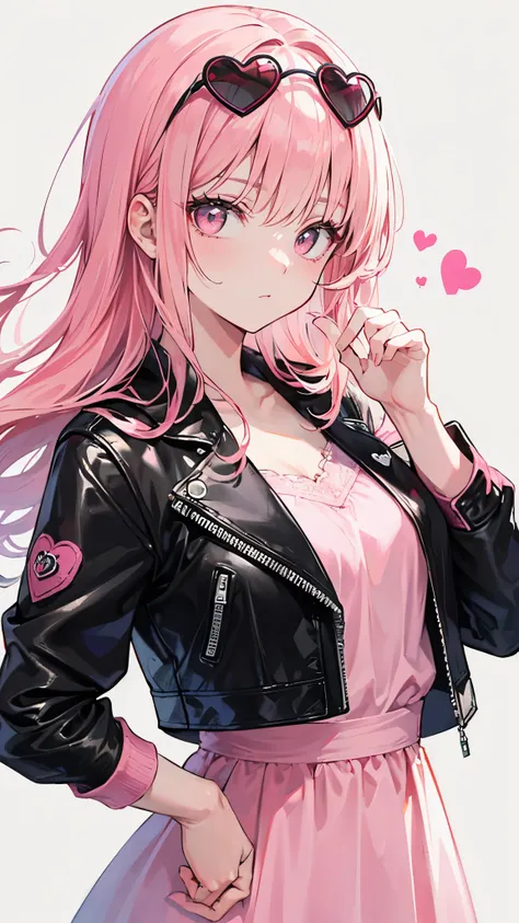 (masterpiece), best quality, expressive eyes, perfect face, 1girl, pink hair, pink eyes, black leather jacket, white and pink frilly blouse, pink dress, (rose-tinted heart-shaped sunglasses)