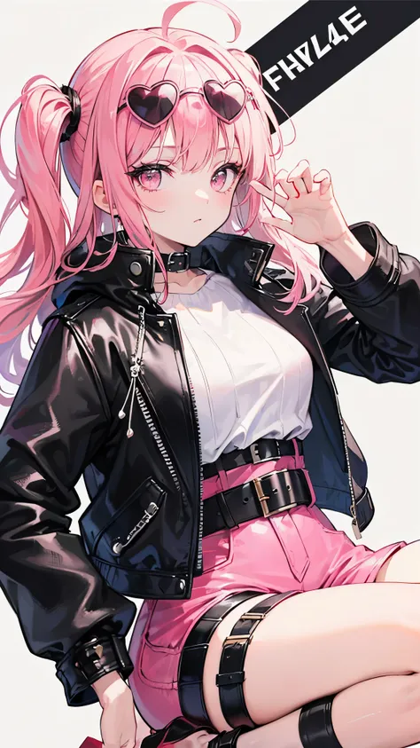 (masterpiece, dynamic angle, cute background), best quality, expressive eyes, perfect face, 1girl, pink hair, pink eyes, black leather jacket, white and pink frilly blouse, back high-waist shorts, buckle belt, chunky boots, (rose-tinted heart-shaped sungla...