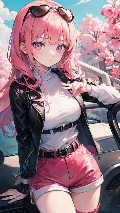 (masterpiece, cinematic movie, dynamic angle, cute background), best quality, expressive eyes, perfect face, 1girl, pink hair, pink eyes, black leather jacket, white and pink frilly blouse, back high-waist shorts, buckle belt, chunky boots, (rose-tinted he...