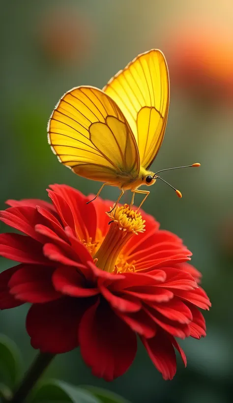 A beautiful butterfly ((yellow color)) setting on the red flower.