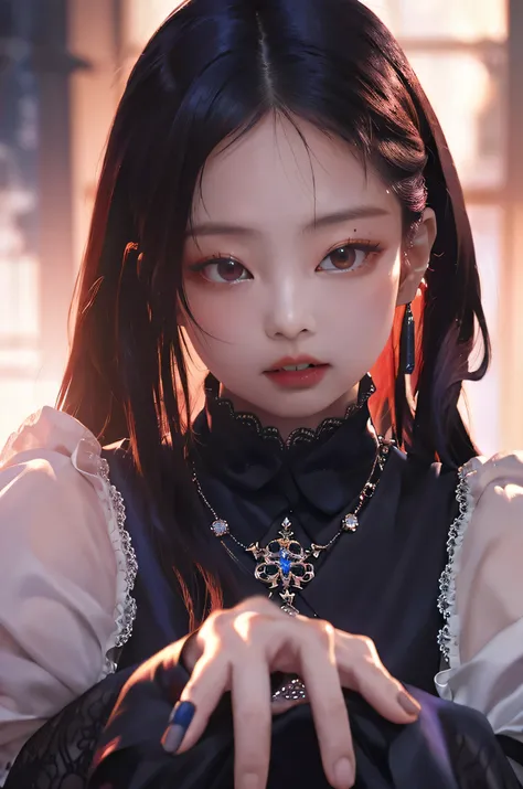 "A highly detailed and intense depiction of a terrifying necromancer chicress, Mid-shot and dramatically captured on ultra-detailed 8K wallpaper, mostrando una complejidad intrincada". Jennie Kim,