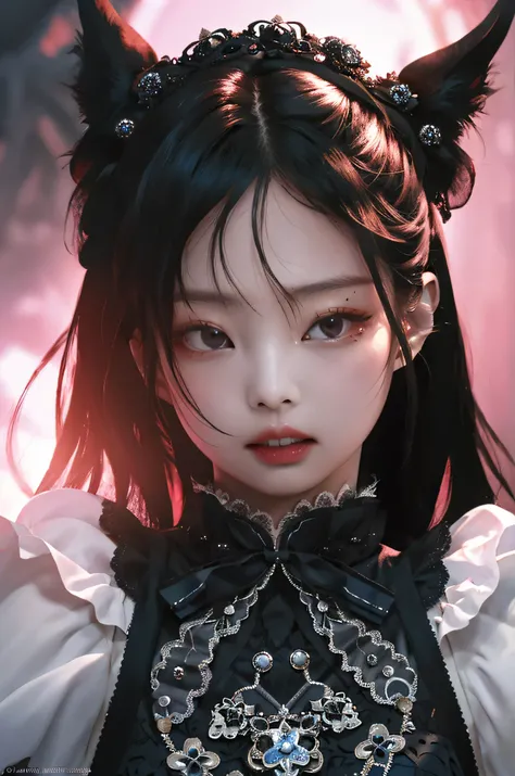 "A highly detailed and intense depiction of a terrifying necromancer chicress, Mid-shot and dramatically captured on ultra-detailed 8K wallpaper, mostrando una complejidad intrincada". Jennie Kim,