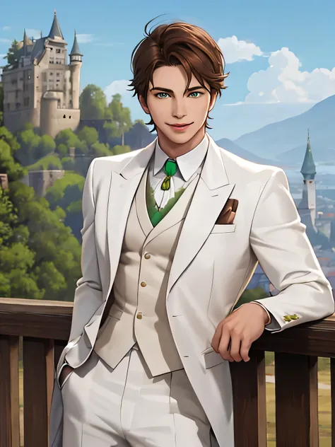 solo Eastern man, 34 years old, short brown hair and (green eyes), wearing white suit, sexy posing near the old castle, smile