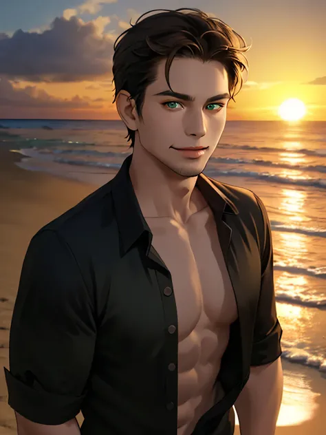 solo Eastern man, 34 years old, short brown hair and (green eyes), wearing black open shirt, sexy posing on the beach, late sunset, smirk