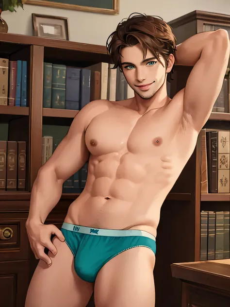 solo Eastern man, 34 years old, short brown hair and (green eyes), wearing sexy blue underwear, sexy posing in the library, smile