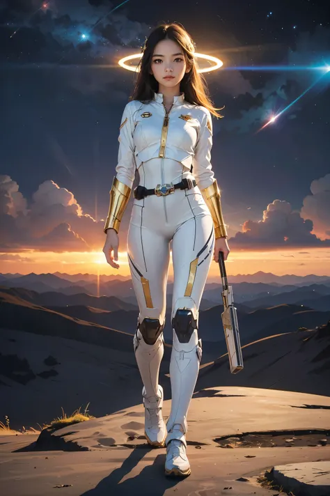 ((masterpiece, best quality, extremely detailed), volumetric lighting, ambient occlusion, colorful, glowing), 1girl, solo, young girl, (dark hair), long hair, halo, aura, sacred, goddess, cleric suit, (white outfit with gold detailst:1.3), armor, outdoors,...