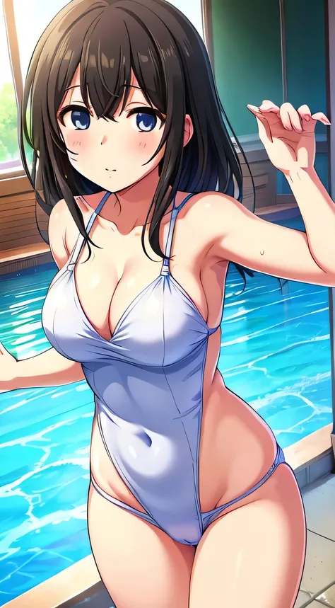 (Masterpiece、 best quality、In 8K、 high resolution:1.2)、Alone、 one girl、  Sagisawa Shiho 、 embarrassing feeling 、Look at viewers、whole body、 completely naked、Shot focusing on chest of swimsuit taken off 、Smooth body 、 wet body、School、teacher、 low angle