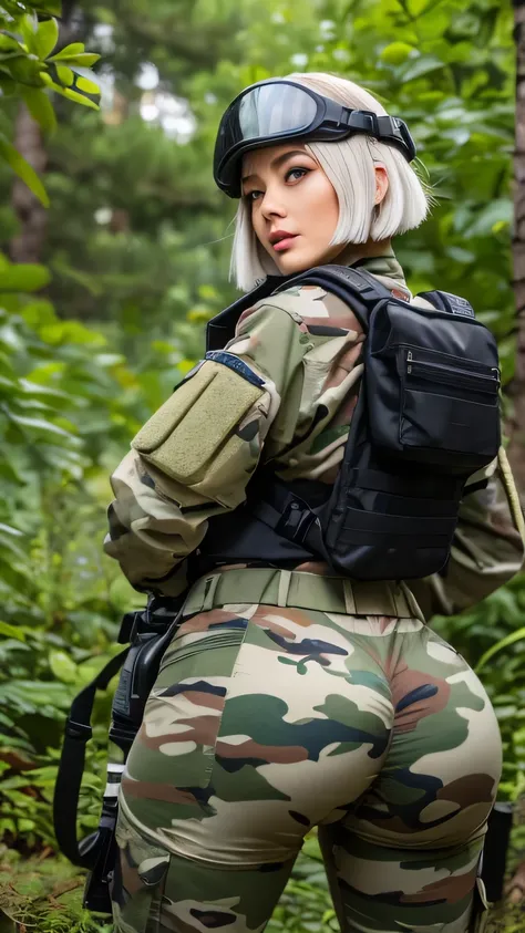 a contractor girl, Japanese and Russian facial features, white french bob haircut, embarrassed, riding a women, on top of each other, pulling down his pants, full of too much large pubic hair in vagina and anus, wearing full equip militar camouflage, chest...