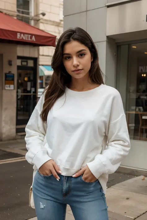 Mariana wearing a white pullover and jeans 