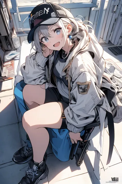 (best quality ), a girl have one rifle with her hand , Platinum color hair , The dreamer wants purplish blue eyes , medium , Lori will do it, (masterpiece:1.2, best quality ), (Beautiful detailed depiction : 1.2), ( beautiful detailed face ), ( small Breas...