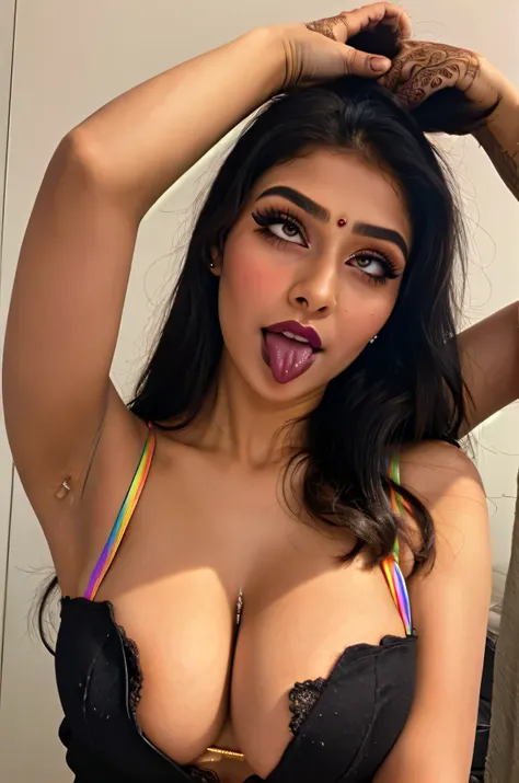 ((best quality)), ((masterpiece)), (detailed), Beautiful indian girl dulhan dress, arms up naked girl big breast detailed armpit wrinkles detailed quality beutiful girl realistic girl rainbow lipstick black eyes lashes black lipstick black tongue out ahega...