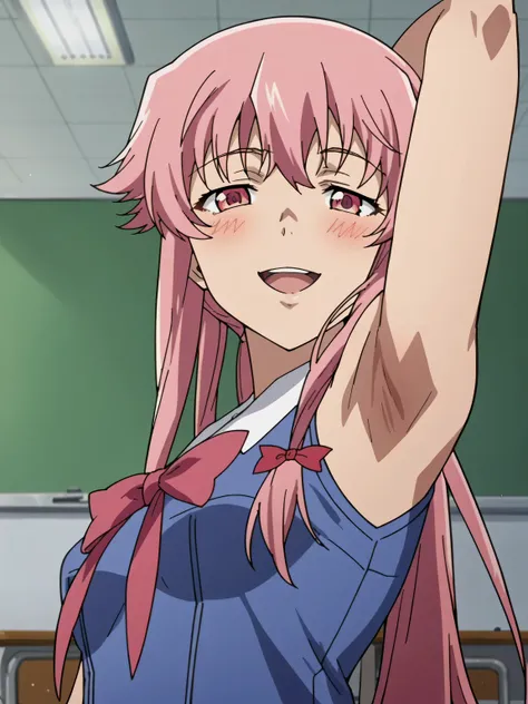 score_9, score_8_up, score_7_up, source_anime, anime screencap, 1girl, solo, Gasai Yuno, student uniform, sleeveless, bare shoulders, bare arms, arm behind head, armpit, head towards viewer, looking at viewer, smile, open mouth, blush, half-closed eyes, ex...