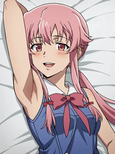 score_9, score_8_up, score_7_up, source_anime, anime screencap, 1girl, solo, Gasai Yuno, student uniform, sleeveless, bare shoulders, bare arms, arm behind head, armpit, head towards viewer, looking at viewer, smile, open mouth, blush, half-closed eyes, ex...