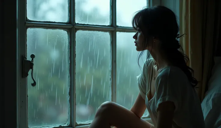 Beautiful  girl sitting by the window outside with only heavy rain