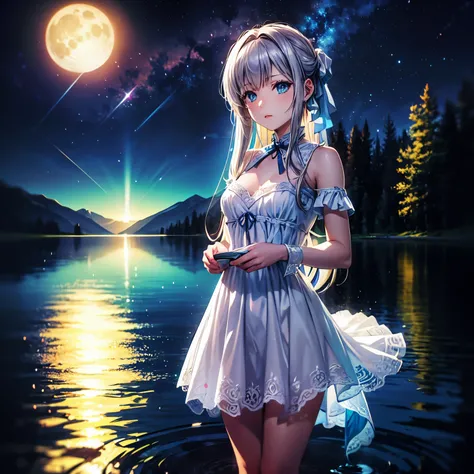 (masterpiece,best quality,ultra-detailed), CG, award winning, ccurate, UHD, textured skin, chromatic aberration, perfect anatomy, Fujicolor, fantasy, 1 young nymph standing in the center of the lake at night, fantastical starry sky, small breasts, short bo...