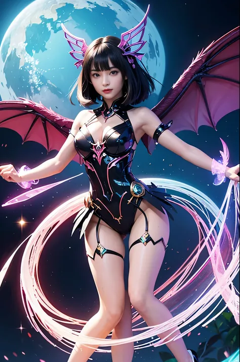 1girl, Armor, Wings, beautiful dragon, futuristic evolved Nekomata, (Neon glowing body), 2 tails, holographic, (The wings are symmetrically paired;1.5), Long shot,