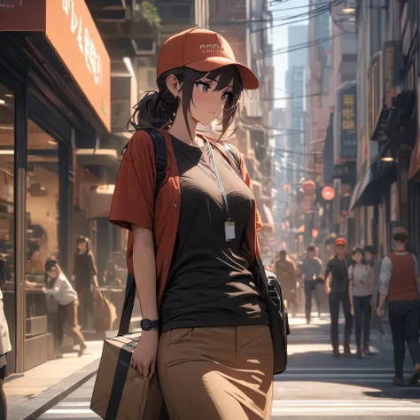 Female courier, Work clothes, The package is on its way to be delivered, City street,  high detail, 4K, Masterpiece.