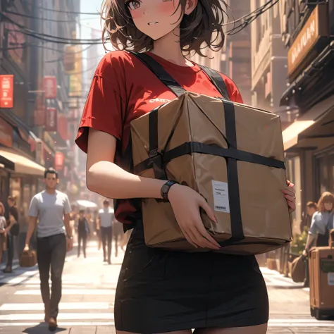 Female courier, Work clothes, The package is on its way to be delivered, City street,  high detail, 4K, Masterpiece.