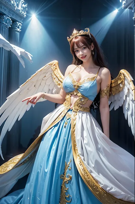 ((Very beautiful angel queen,The final form as a perfect angel, the masterpiece of an angel,Huge and intricate angel wings,The most dignified wings,Golden light,shining background,The most opulent and holy temple background,White and gold temple background...