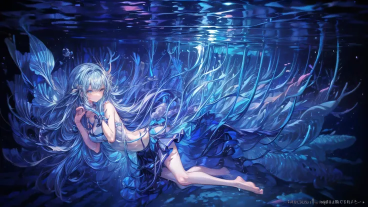 ((1 girl with long blue hair:1.4))，Full body solo shooting、((seabed:1.4))、Floats in water、Lots of small fish、(( skirt 、 barefoot))、Bubble、jellyfish、Coral Reef、Blue Fish、swim、Mysterious、 Fantastic