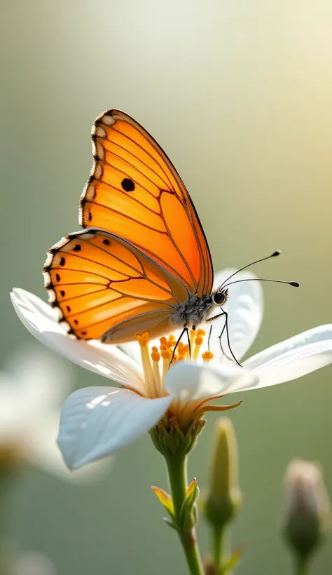 A beautiful butterfly ((orangecolor)) setting on the white flower.