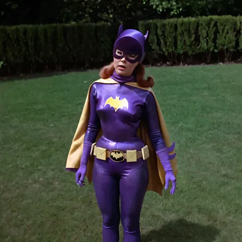 yvonne craig woman, standing facing camera, shrugged shoulders, her body is tied, she squeezed, she is in pain , 60's style, analog film, on grass, film grain