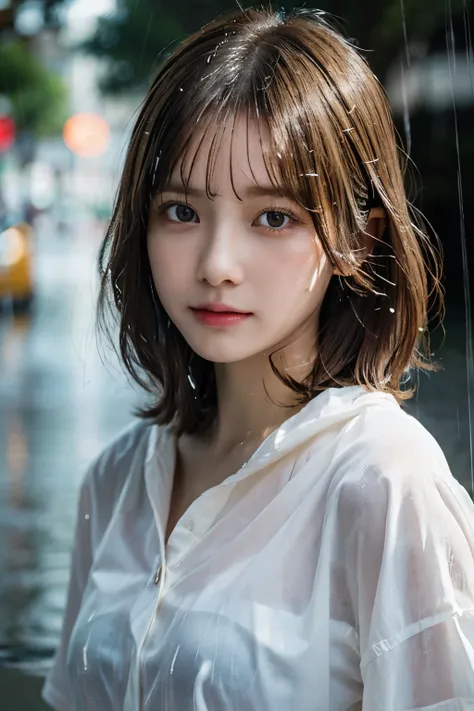 (8K, Raw photo:1.2), Detailed face and eyes,Best Quality, 超A high resolution, Highly detailed ,intricate detailes ,masutepiece ,Cute Girl , Soft cinematic light, Hyper-detailing,Sharp Focus, High quality, Blonde hair, bob cuts, Get wet in the rain, Rain, C...