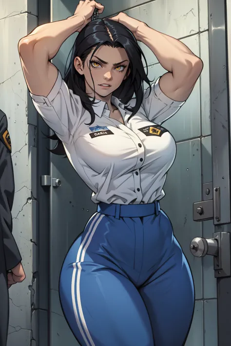 prison jail locked up solo girl prison black hair yellow eyes pale skin crazy eyes manic expression solo girl huge muscles large breasts prison jail solo prison jail (((prison uniform))) 