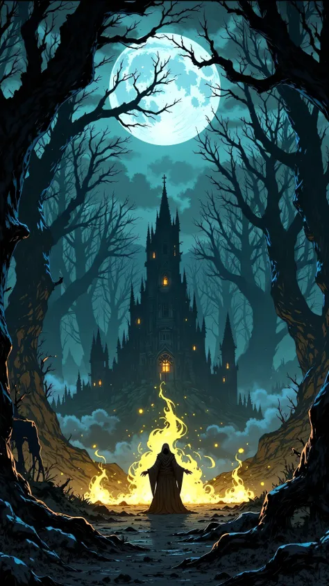 A dark forest where shadows dance around a moonlit clearing. in the center,  a hooded figure performs a dark ritual ,  while tormented spirits float in the air , trapped between worlds .