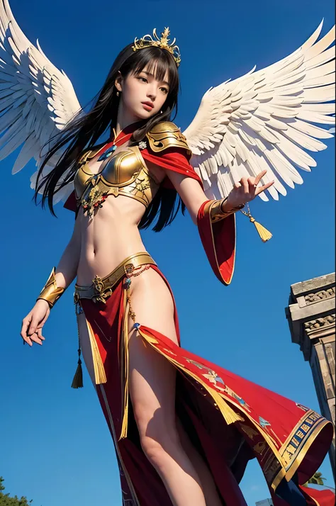 (masterpiece, highest quality, Realistic photos), ((Angel floating in the air;1.4)), A very cute Japanese woman, A complex copper and brass mechanical armor with a Hawk and eagle motif., Beautiful big angel wings, (The wings are symmetrically paired;1.5), ...