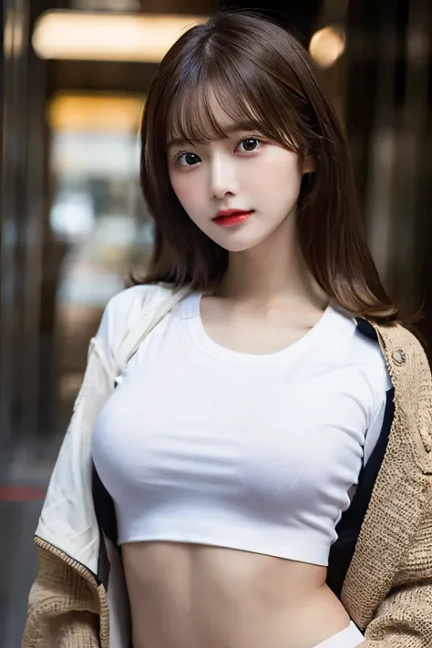 (highest quality), (Ultra-detailed), (Lift up your shirt、Underboob:1.3), (Detailed light), (Very delicate and beautiful、、Jacket、White T-shirt:1.3), 1. Young Girl, Brown Hair, Brown eyes, model, highest quality, Highly detailed CG synthesis 8k wallpaper, Hi...