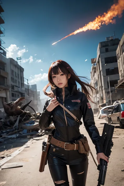  beautiful anime girl wearing futuristic clothes fighting a giant octopus、 holding gun 、Fighting dinosaurs、Ruined City 、