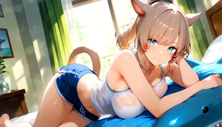 masterpiece,1girl, Light brown hair, Breasts, Miqo'te, PonyTail, SHARK shorts, Clothes are see-through