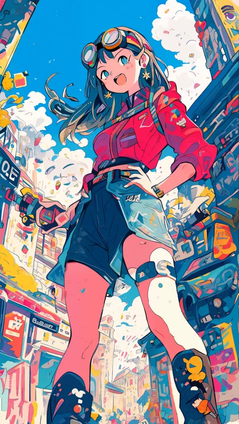 The image depicts a young woman with vibrant, expressive features standing in a bustling, colorful urban setting. Her outfit is a stylish combination of a red, puffy-sleeved blouse and dark shorts, with various accessories like goggles and earrings that ad...