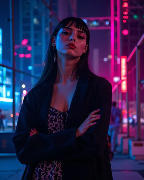 "Fashion photography of a (stylish young woman posing confidently in an urban construction environment at night:1.1), dressed in (edgy and modern haute couture clothing, with interesting textures and silhouettes:1.2), on a (nighttime urban construction sit...