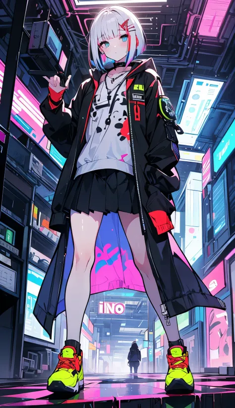 1girl,night city,rain,coat,hands in pockets, full body, neon lights, multicolors, astigmatismo, tatuagens nas pernas, short bob hair, white hair, red big eyes, tenis botinhas cano alto, ((((franja dividida ao meio))))