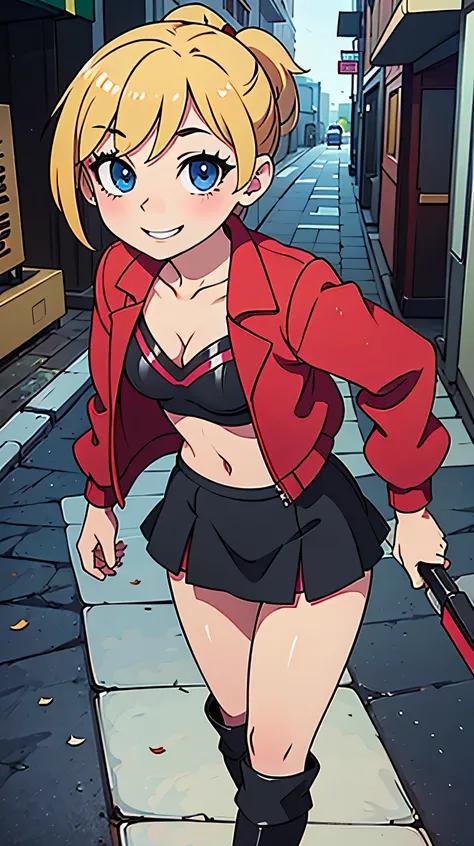masterpiece, official art, 8k, best quality, highly detailed,1 anime girl, solo, slightly facing left, with a small smile while holding her hip with left hand. She is wearing red leather jacket, a black mini fluffy skirt, a black bra, black high heel knee ...