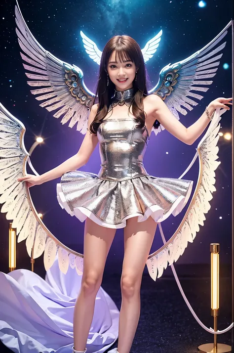 Cyborg, Girl, Beautiful girl, Cute, Sexy, Strong, Slender, Delicate, Smile, (Lolita costume), High legs, Metallic, ultra color, paisley, mandalas, Near future, Heaven, angel, feater, wing, Helix lamp, (The wings are symmetrically paired;1.5),
