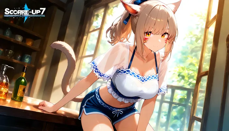 masterpiece,1girl, Light brown hair, orange eye, ponytail, Breasts, Miqo'te costume, SHARK shorts, Clothes are see-through