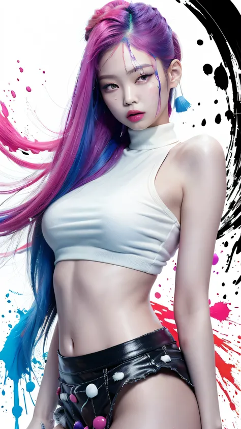 (Masterpiece, Best Quality, High Resolution), White Background, ((Paint Splash, Color Splash, Splash of Ink, Color Splash)), Sweet Chinese Girl, Rainbow Hair, Pink Lips, Front, Upper Body, Jennie Kim,