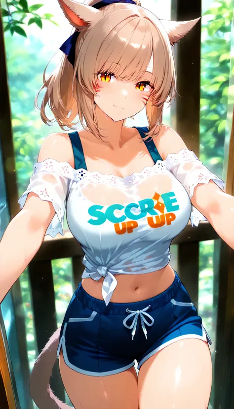 masterpiece,1girl, Light brown hair, orange eye, ponytail, Breasts, Miqo'te costume, SHARK shorts, Clothes are see-through