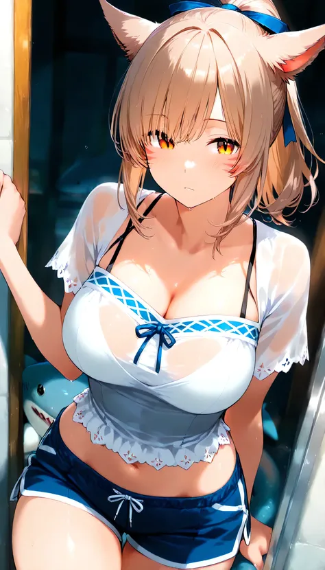 masterpiece,1girl, Light brown hair, orange eye, ponytail, Breasts, Miqo'te costume, SHARK shorts, Clothes are see-through