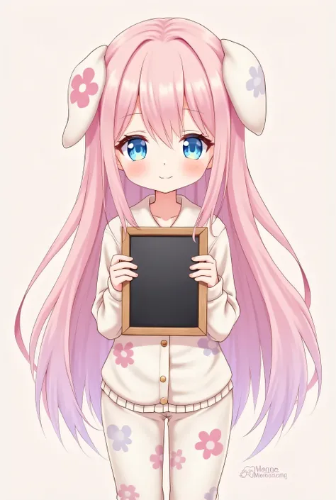  A kawaii anime girl with long light pink hair and bright blue eyes,  wearing bunny patterned pajamas , holding a blackboard 