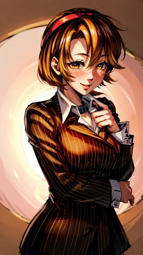 （ Super high quality, super high resolution,16k,super masterpiece,Ultra HD ,Detailed shading and background,）Sexy woman, orange short hair, red headband , Sexy White Shirt ,black suit and pants with striped pattern,smile,blush,