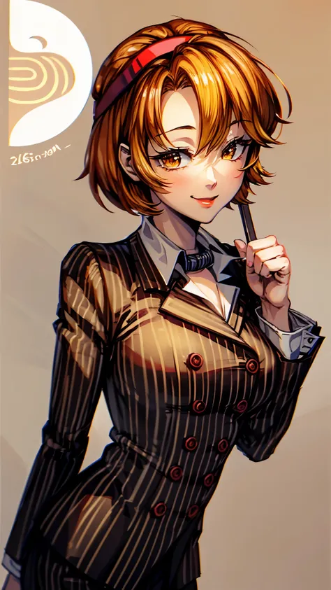 （ Super high quality, super high resolution,16k,super masterpiece,Ultra HD ,Detailed shading and background,）Sexy woman, orange short hair, red headband , Sexy White Shirt ,black suit and pants with striped pattern,smile,Chinatown where the rising sun shin...