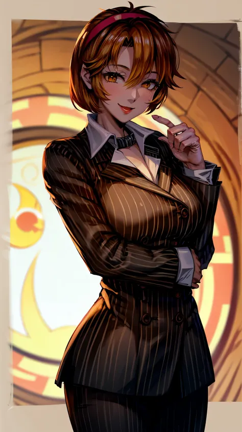 （ Super high quality, super high resolution,16k,super masterpiece,Ultra HD ,Detailed shading and background,）Sexy woman, orange short hair, red headband , Sexy White Shirt ,black suit and pants with striped pattern,smile,Chinatown where the rising sun shin...