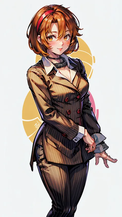 （ Super high quality, super high resolution,16k,super masterpiece,Ultra HD ,Detailed shading and background,）Sexy woman, orange short hair, red headband , Sexy White Shirt ,black suit and pants with striped pattern,smile,blush, downtown during the day,