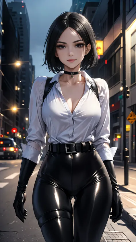  body masterpiece,  best quality skirt, HDR-10,  volumetric lighting , ( perfect hands), There is a person, standing, (( seen from the front )),  looking at the spectator,  seductive look, slight smile,  Detailed eyes,  black eyes , sensual lips,  wild sho...