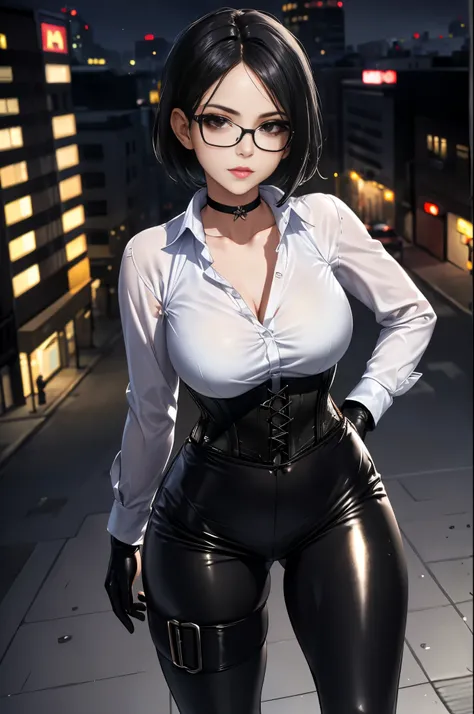  body masterpiece,  best quality skirt, HDR-10,  volumetric lighting , ( perfect hands), There is a person, standing, (pose sexy), ( seen from above ),  looking at the spectator,  seductive look,  beautiful breasts,   Detailed eyes,  black eyes , sensual l...